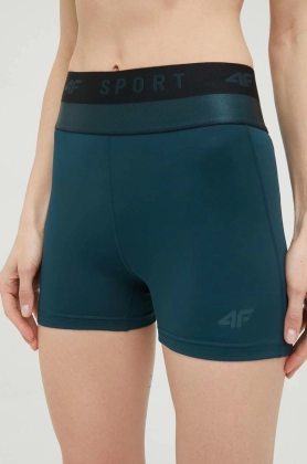 4F pantaloni scurti de antrenament femei, culoarea verde, cu imprimeu, high waist
