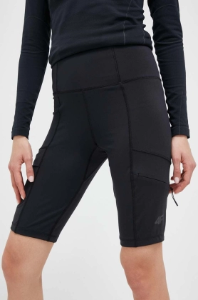 4F pantaloni scurti sport femei, culoarea negru, neted, high waist