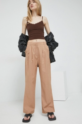 Abercrombie & Fitch pantaloni din in culoarea bej, lat, high waist