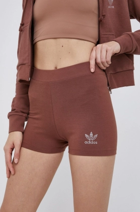 Adidas Originals Pantaloni scurti HF9204 femei, culoarea maro, cu imprimeu, high waist