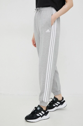 Adidas pantaloni de trening din bumbac femei, culoarea gri, cu imprimeu
