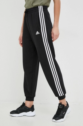 Adidas pantaloni de trening din bumbac femei, culoarea negru, cu imprimeu