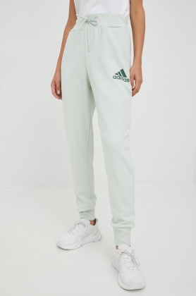 adidas pantaloni de trening femei, culoarea verde, cu imprimeu