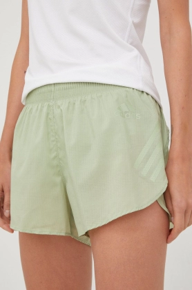 adidas Performance pantaloni scurti de alergare Adizero Split femei, culoarea verde, neted, high waist