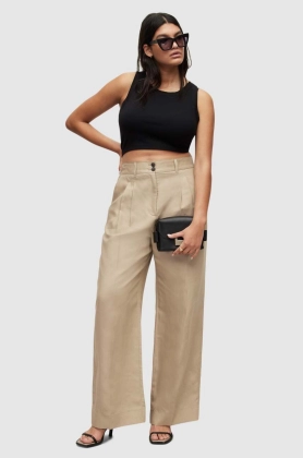 AllSaints pantaloni femei, culoarea bej, lat, high waist