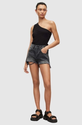 AllSaints pantaloni scurti jeans Heidi femei, culoarea negru, neted, high waist