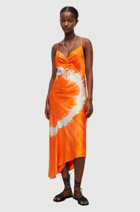 AllSaints rochie din amestec de matase culoarea portocaliu, maxi, mulata