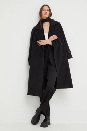 Answear Lab palton din lana culoarea negru, de tranzitie, cu doua randuri de nasturi