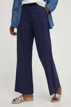 Answear Lab pantaloni din in LINEN culoarea albastru marin, lat, high waist