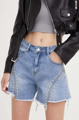 Answear Lab pantaloni scurti jeans femei, cu imprimeu, high waist