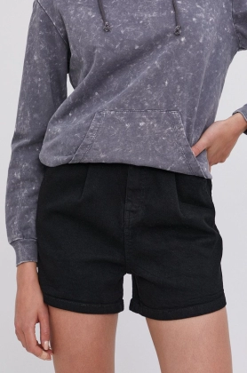 Answear Lab Pantaloni scurti jeans femei, culoarea negru, material neted, high waist