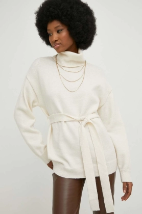 Answear Lab pulover de lana femei, culoarea bej, calduros, cu guler