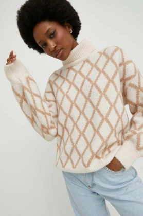 Answear Lab pulover de lana femei, culoarea bej, calduros, cu guler