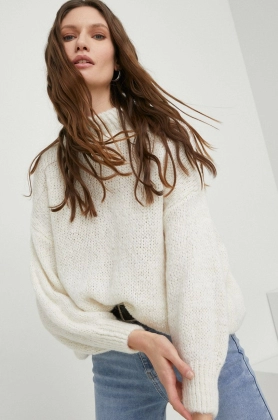 Answear Lab pulover de lana femei, culoarea bej, calduros, cu turtleneck