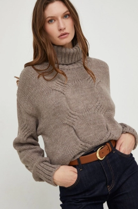 Answear Lab pulover din amestec de lana femei, culoarea maro, calduros, cu guler