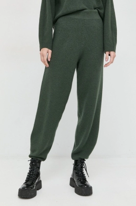 Armani Exchange pantaloni de lana femei, culoarea verde, drept, high waist
