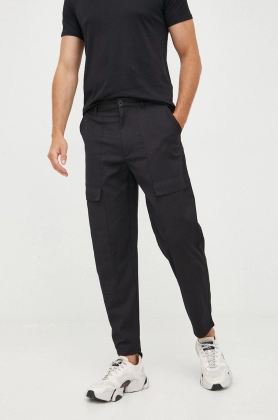 Armani Exchange pantaloni din lana barbati, culoarea negru, cu fason cargo