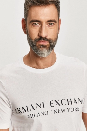 Armani Exchange Tricou barbati, culoarea alb, cu imprimeu