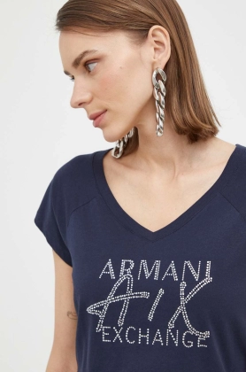Armani Exchange tricou din bumbac culoarea albastru marin