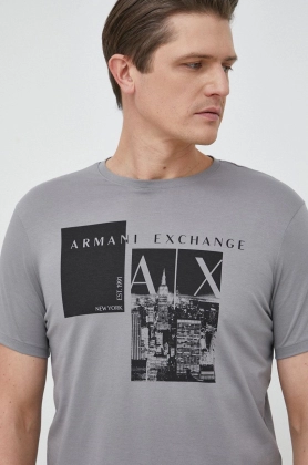 Armani Exchange tricou din bumbac culoarea gri, modelator