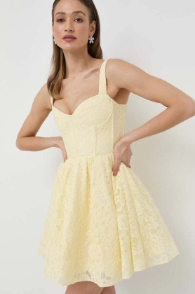 Bardot rochie culoarea galben, mini, evazati