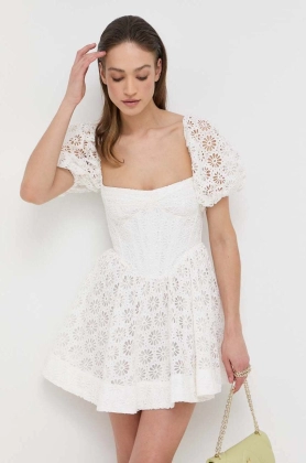 Bardot rochie din bumbac culoarea alb, mini, evazati
