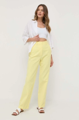 Beatrice B pantaloni de bumbac culoarea galben, drept, high waist
