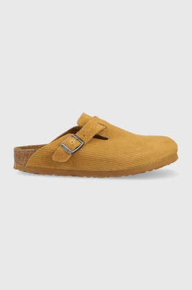 Birkenstock papuci din piele Boston Corduroy femei, culoarea bej, 1025668