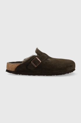 Birkenstock papuci din piele Boston FUR femei, culoarea maro, 1020529