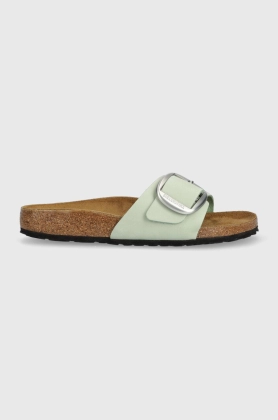 Birkenstock papuci din piele Madrid Big Buckle femei, culoarea verde, 1024097