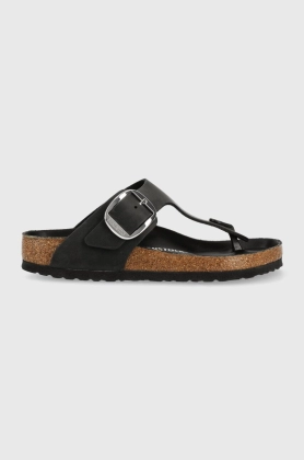 Birkenstock slapi de piele femei, culoarea negru, cu toc plat