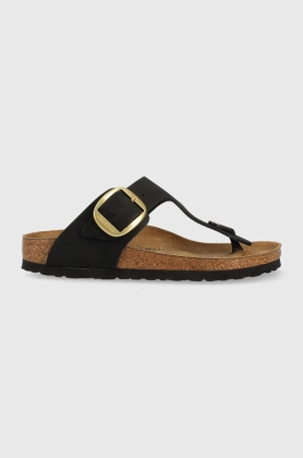 Birkenstock slapi de piele Gizeh Big Buckle femei, culoarea negru, cu toc plat, 1024107