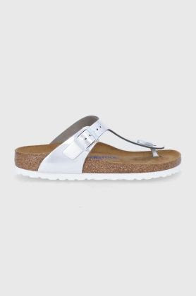 Birkenstock slapi de piele Gizeh femei, culoarea argintiu, cu toc plat