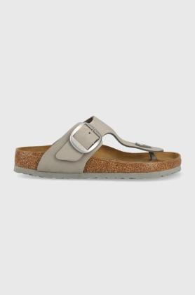 Birkenstock slapi de piele Gizeh femei, culoarea gri, cu toc plat