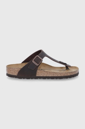 Birkenstock slapi de piele Gizeh femei, culoarea maro, cu toc plat