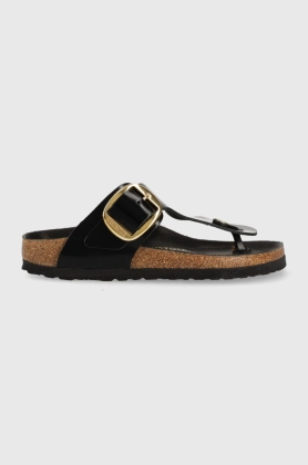 Birkenstock slapi de piele Gizeh femei, culoarea negru, cu toc plat, 1021469