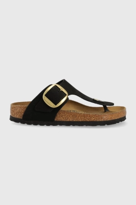 Birkenstock slapi din piele intoarsa Gizeh Big Buckle femei, culoarea negru, cu toc plat