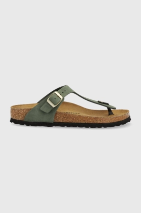 Birkenstock slapi din piele intoarsa Gizeh femei, culoarea verde, cu toc plat, 1025790