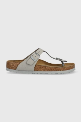 Birkenstock slapi din piele intoarsa Gizeh SFB femei, culoarea gri, cu toc plat