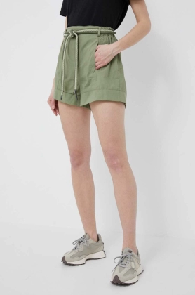 Bomboogie pantaloni scurti din bumbac culoarea verde, neted, high waist