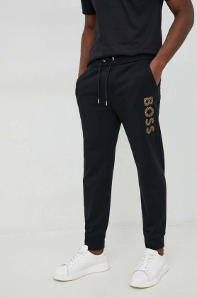 BOSS pantaloni de trening din bumbac barbati, culoarea negru, cu imprimeu