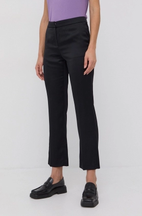 Boss Pantaloni din lana femei, culoarea negru, model drept, high waist