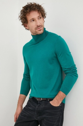 BOSS pulover de lana barbati, culoarea verde, light, cu guler