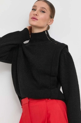 BOSS pulover de lana femei, culoarea negru, cu guler