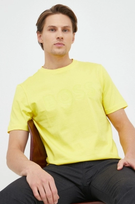 BOSS tricou din bumbac culoarea galben, cu imprimeu