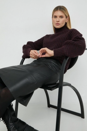 Bruuns Bazaar pulover din amestec de lana Sedum Mynte femei, culoarea bordo, calduros, cu guler