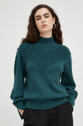 Bruuns Bazaar pulover femei, culoarea verde, calduros, cu guler