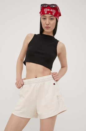 Champion pantaloni scurti 114944 femei, culoarea bej, cu imprimeu, high waist