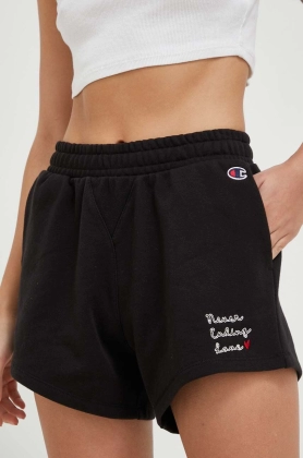 Champion pantaloni scurti femei, culoarea negru, cu imprimeu, high waist