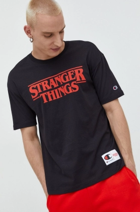 Champion tricou din bumbac Xstranger Things culoarea negru, cu imprimeu